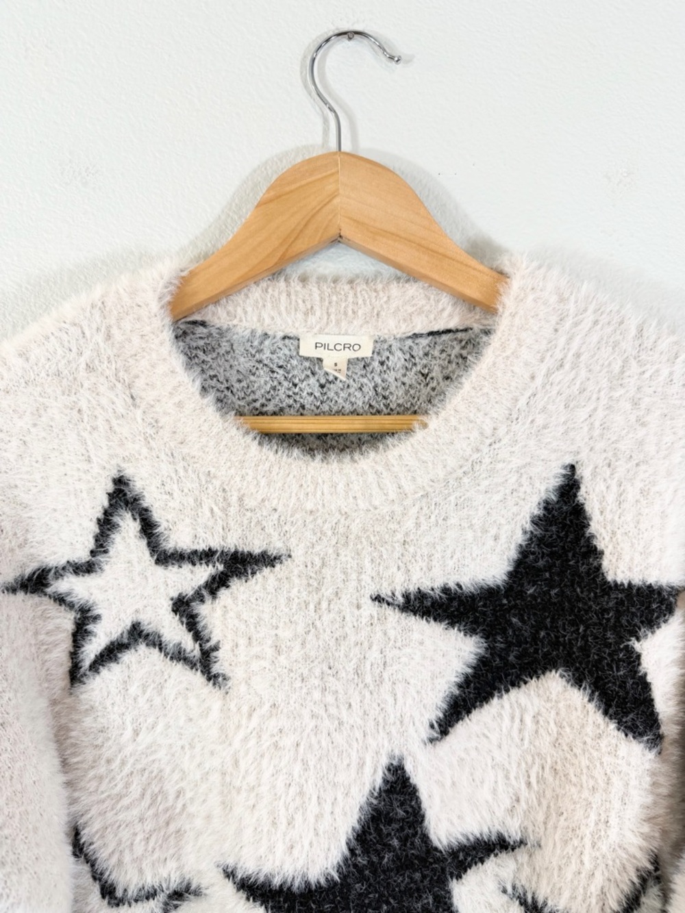 Anthropologie Pilcro Star Patterned Eyelash Sweater Size S Ivory Black Crewneck - Picture 4 of 10
